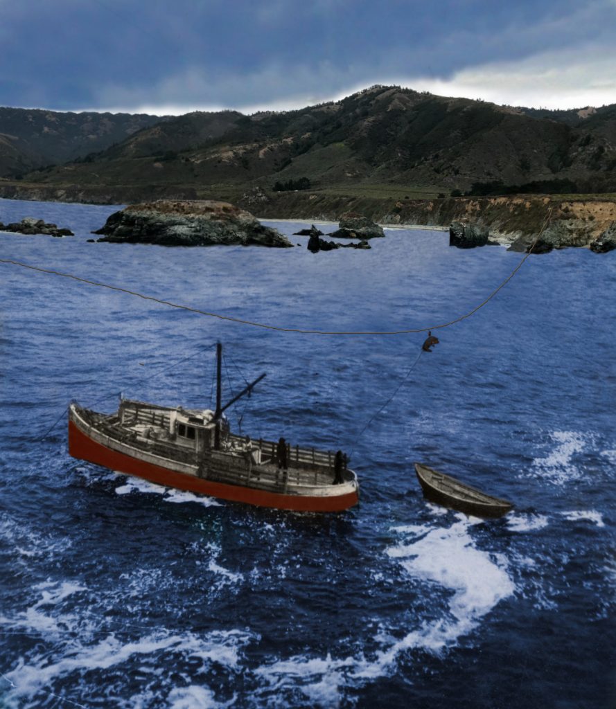 Colorized photo of Boat Day on the Big Sur coast. "Boat Day" surpassed every holiday - even Christmas. Supplies ordered from catalogues were sent by coast steamer and landed by raft. Related sources: "Plasketts Among Early Coast Settlers" (ID 74), "Pacific Valley Pioneer Life" (ID 264)