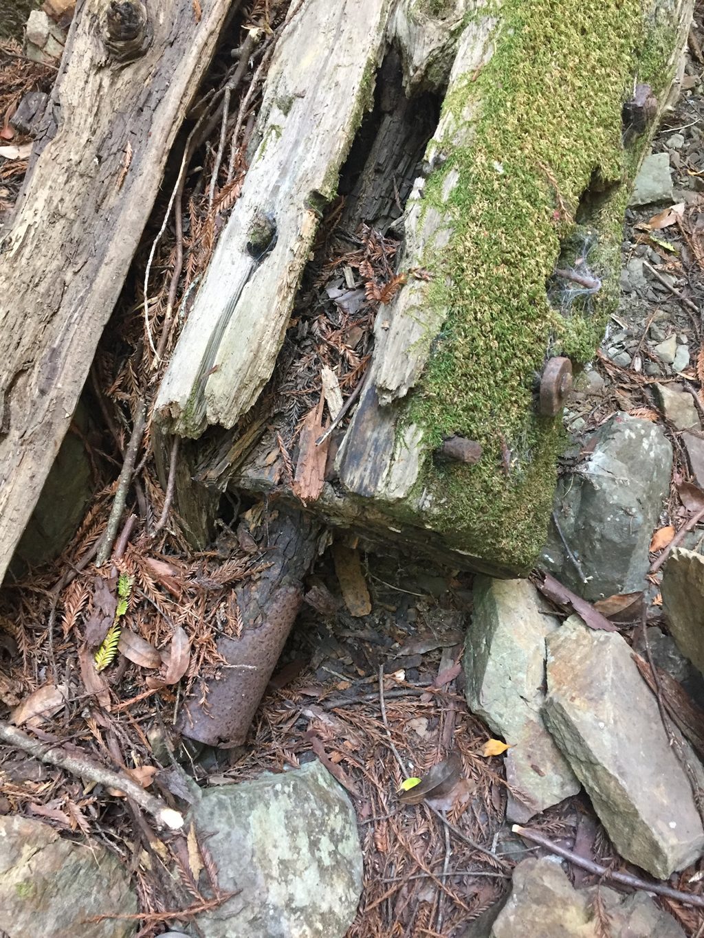 Bolted joint of the arrastra framework at Plaskett Creek — square-cut beams, iron washers and bolts, and an old iron pipe among the rocks.