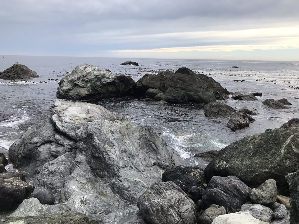 Low tide among the boulders at Jade Cove, the kelp forest laid out flat and quiet beyond.