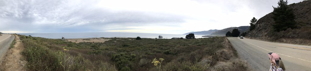 The Jade Cove pullout on Highway 1 — Kim Alderson at the trailhead, Cave Rock offshore, and the coast running south into the haze.
