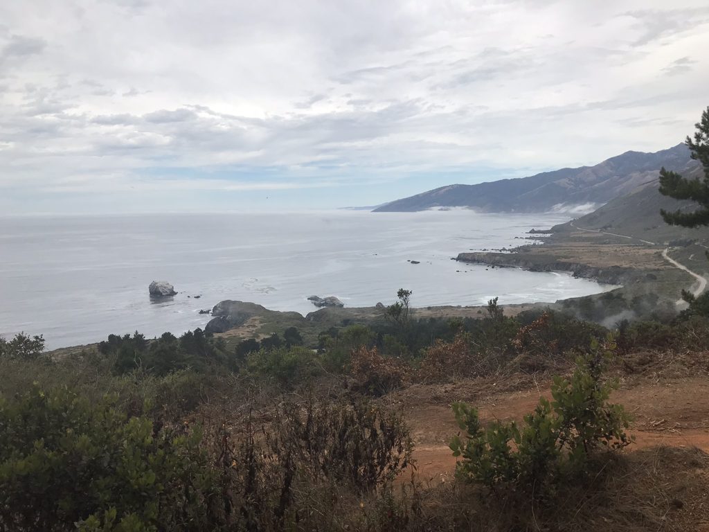 Looking south over Sand Dollar Beach and Plaskett Rock from the ridge, fog riding the Santa Lucias toward Gorda.