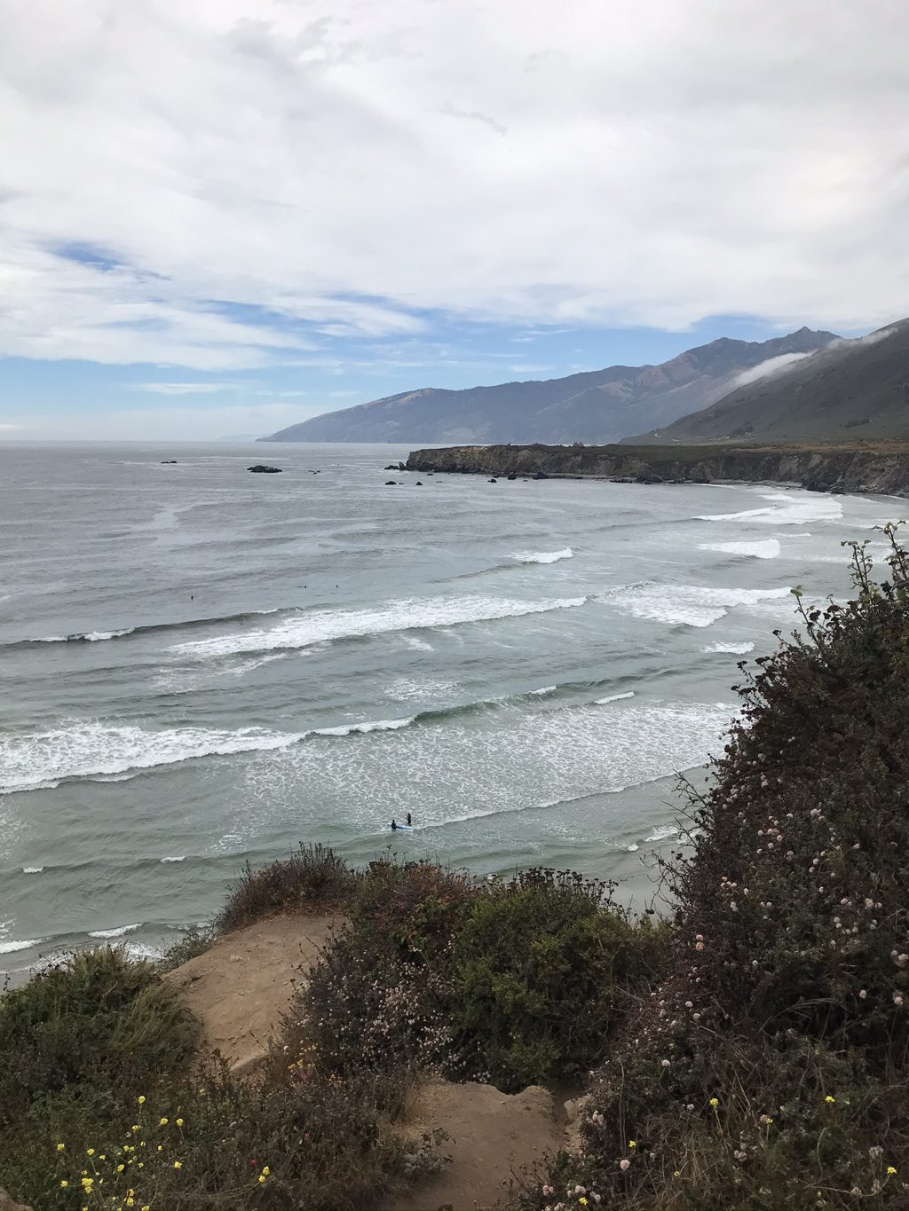 Surf lines wrap into Sand Dollar Beach — surfers in the water where Plaskett children once hauled kelp.