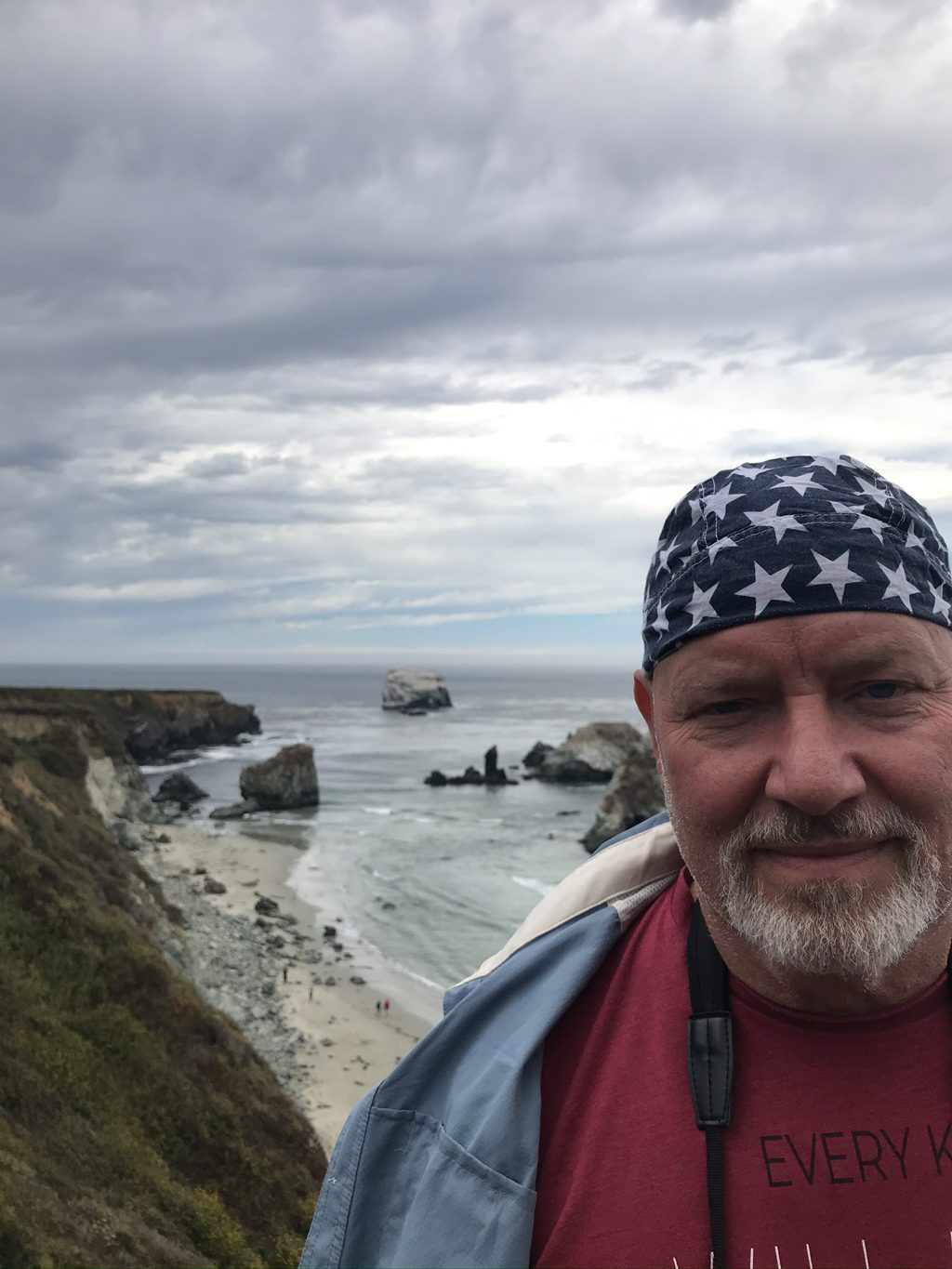 Bill "Bull Plaskett" Alderson above the coves south of Sand Dollar Beach, sea stacks and Plaskett Rock beyond.