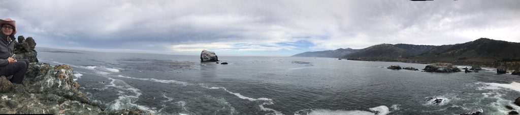Panorama from the point at Sand Dollar Beach, Kim Alderson perched on the serpentine rocks, Plaskett Rock holding the center of the bay.