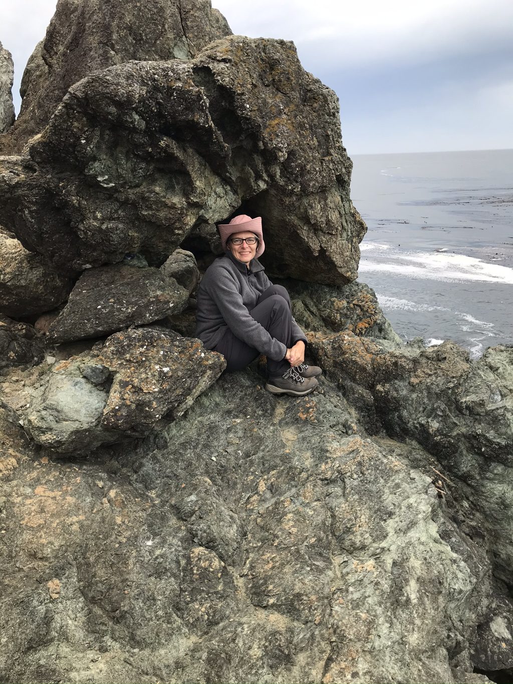 Kim Alderson tucked into a serpentine alcove at the point above Sand Dollar Beach.