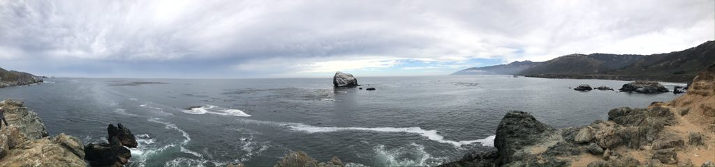 Panorama from the point with Plaskett Rock centered in the bay.