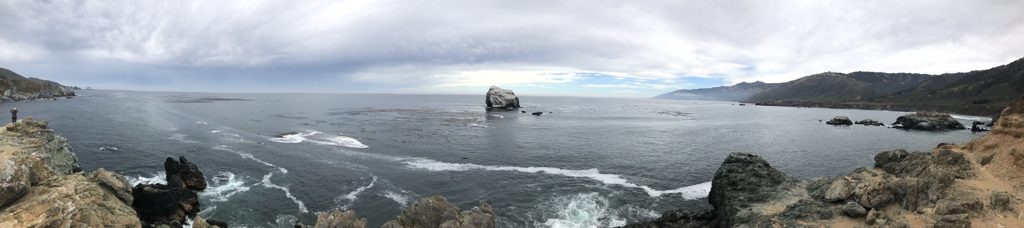The photographer at the edge of the frame: panorama across the kelp-streaked bay to Plaskett Rock and the southern coast.