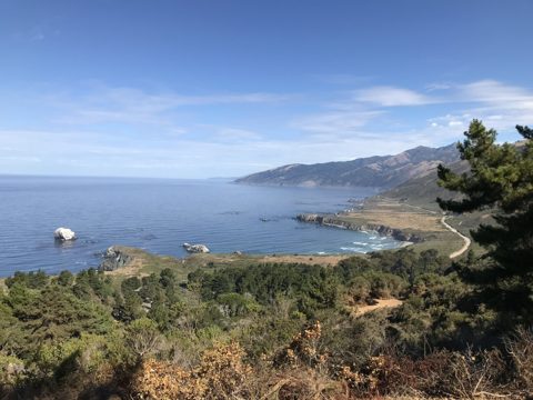 The Pacific Valley shelf from Plaskett Ridge — Sand Dollar's crescent, Plaskett Rock, and Highway 1.