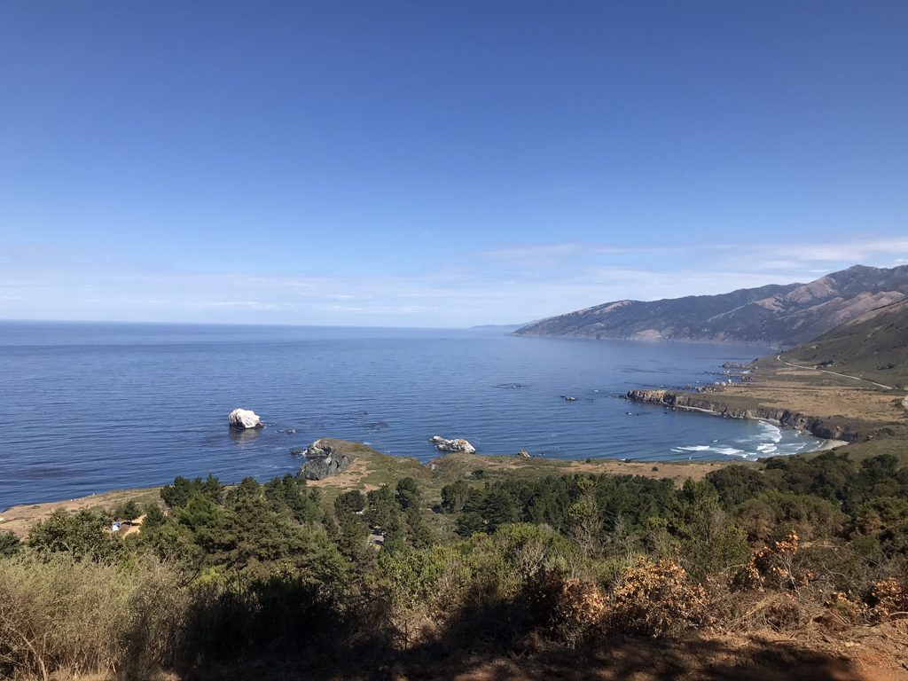 Sand Dollar Beach, the point, and Plaskett Rock from the ridge on a cloudless afternoon.